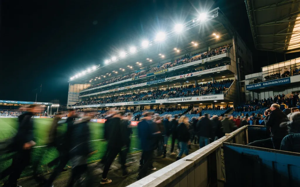 比赛日球迷入场动线与看台氛围，强烈灯光与人群层次